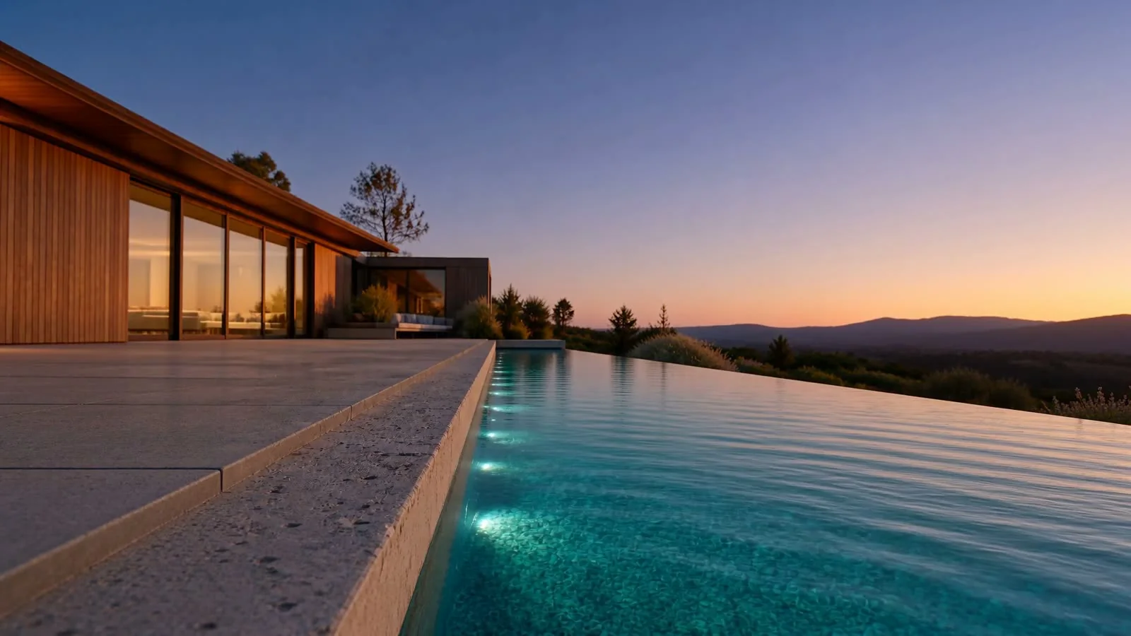 Piscina de borde infinito al atardecer