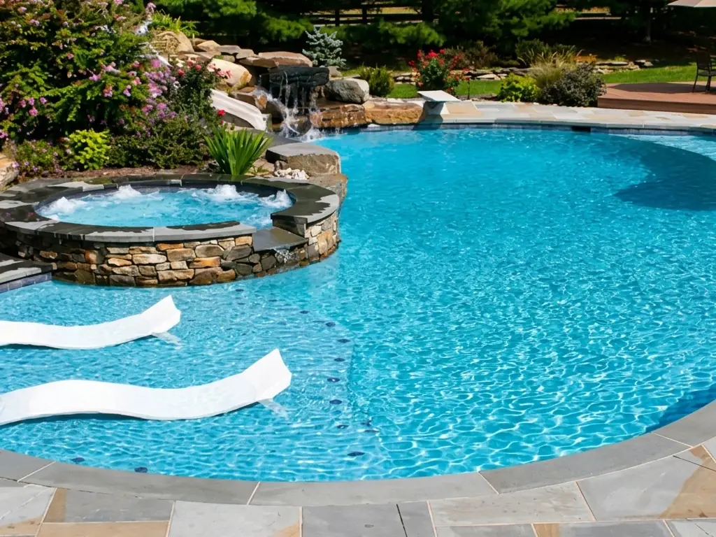 Piscina revestida en Diamond Brite color Tahoe Blue, con spa de piedra y cascada