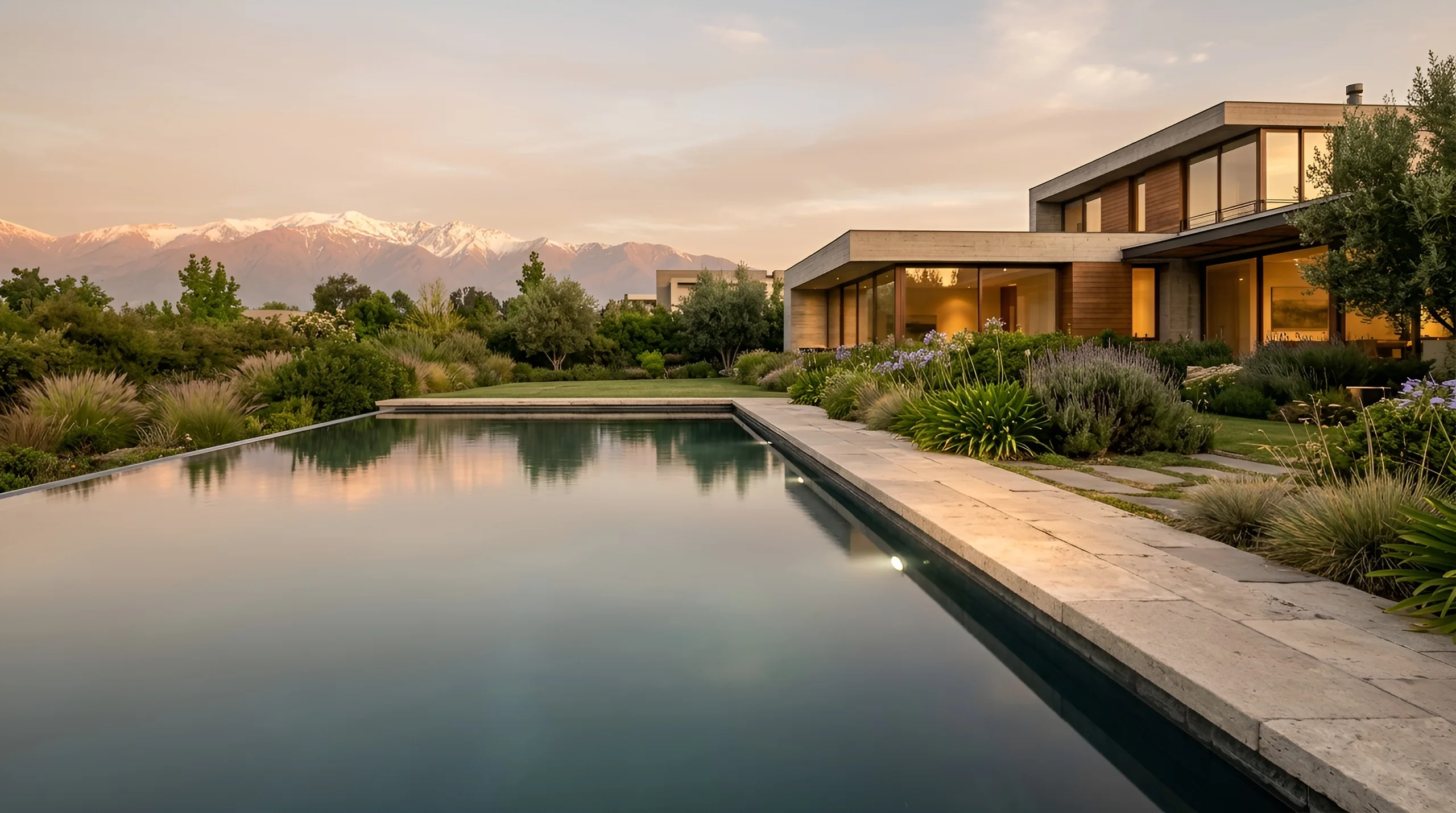 Piscina rectangular al atardecer frente a una casa contemporánea, con la cordillera nevada al fondo