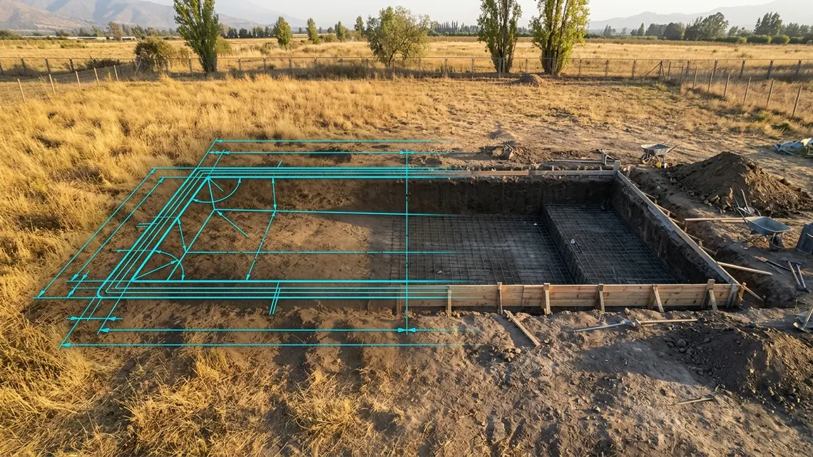 Vista aérea de la excavación de una piscina; sobre el terreno aún sin excavar se superpone el trazado del proyecto en líneas de plano
