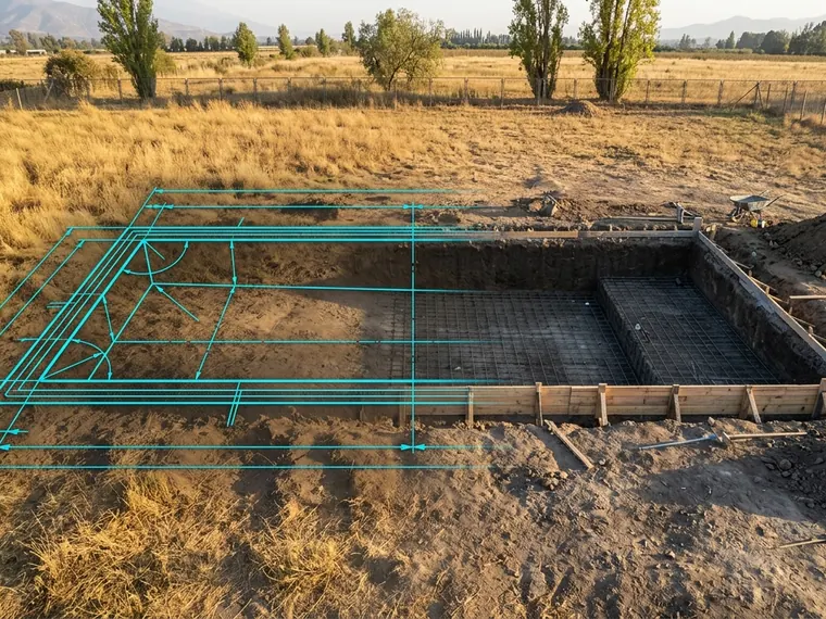 Excavación de una piscina con el trazado del proyecto superpuesto en líneas de plano